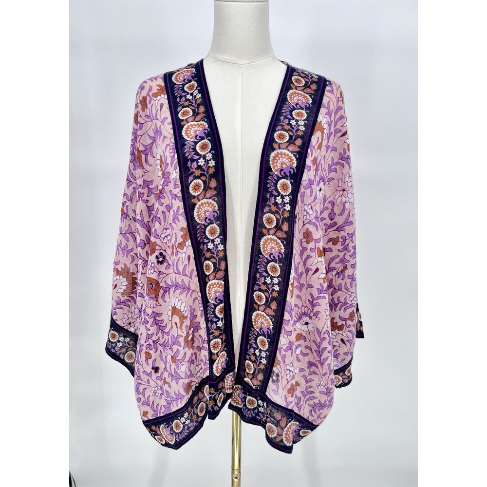 J Jill Kimono Jacket S-L 100% Cotton Boho Floral Vines Open Front‎ Pink Purple